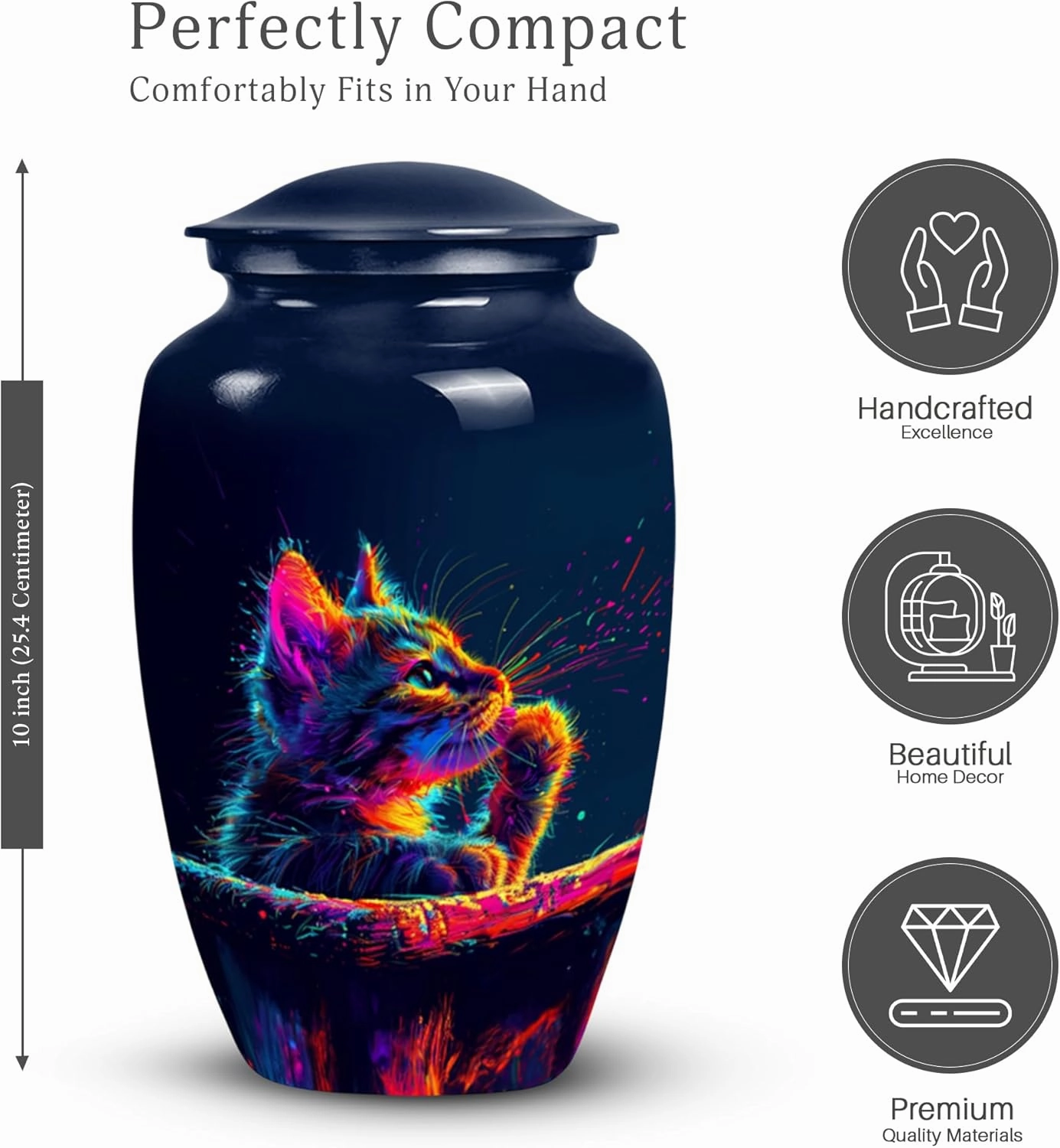 Neon Cat Reflection Cremation Urns - 10” Blue Funeral Urn with 2 Mini Keepsakes for Ashes - Memorial Set (Velvet Bag)