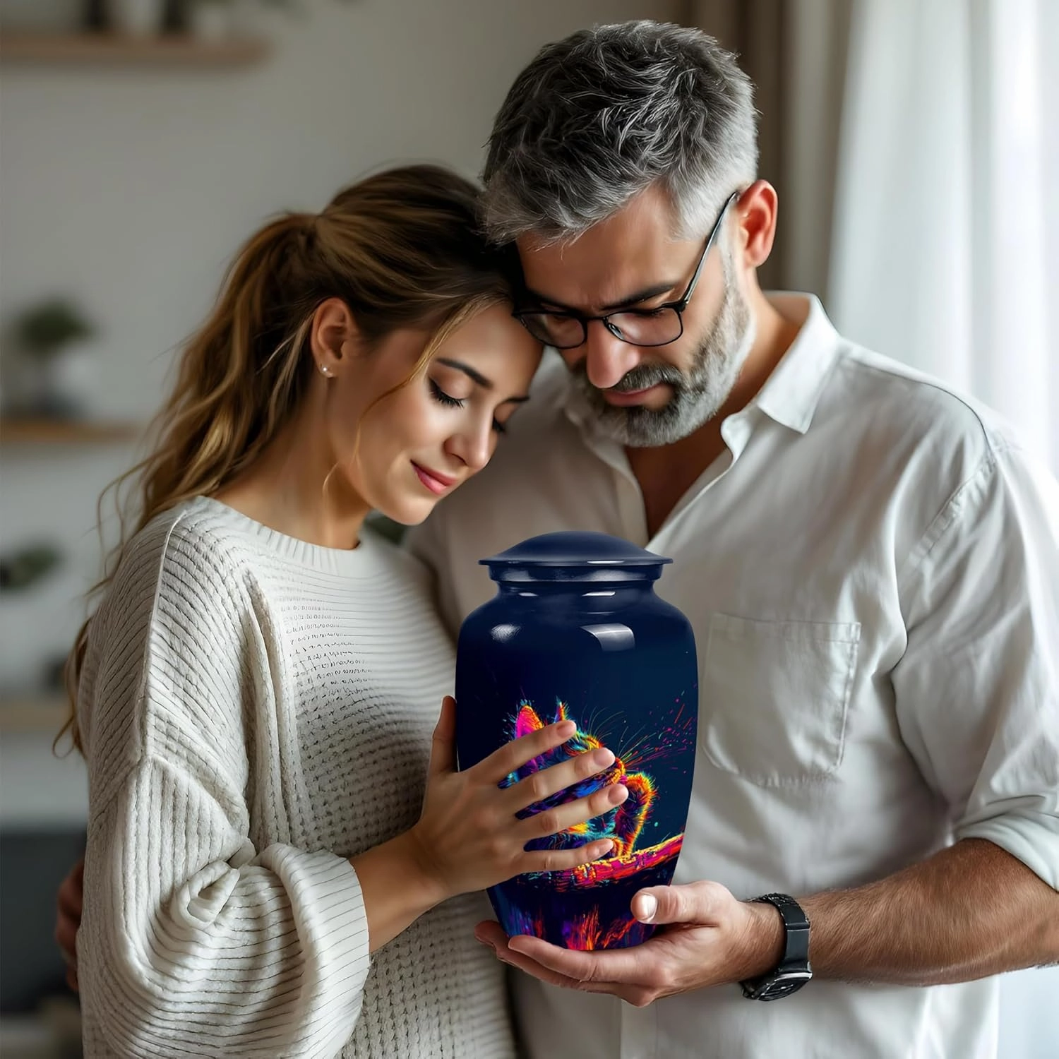 Neon Cat Reflection Cremation Urns - 10” Blue Funeral Urn with 2 Mini Keepsakes for Ashes - Memorial Set (Velvet Bag)