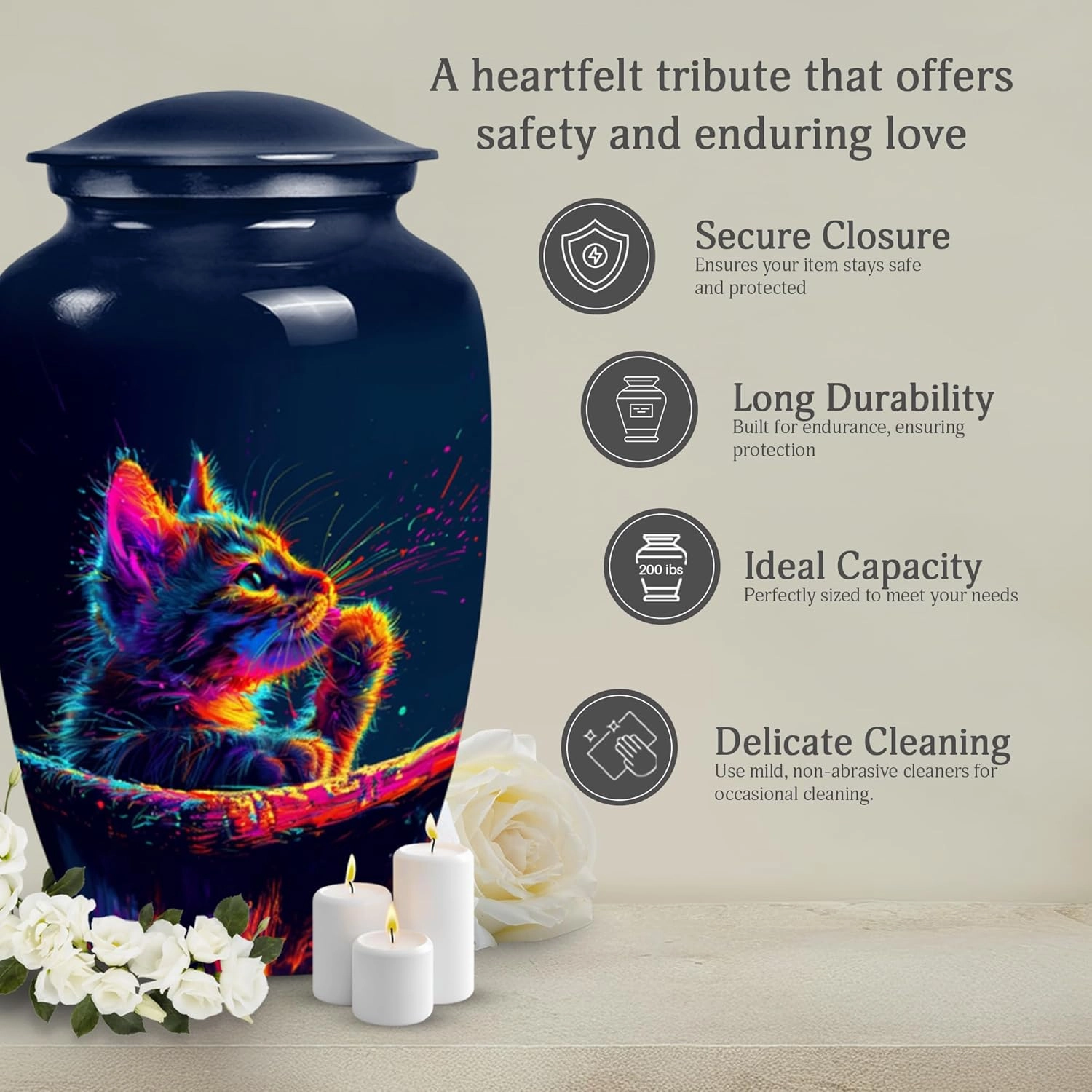 Neon Cat Reflection Cremation Urns - 10” Blue Funeral Urn with 2 Mini Keepsakes for Ashes - Memorial Set (Velvet Bag)