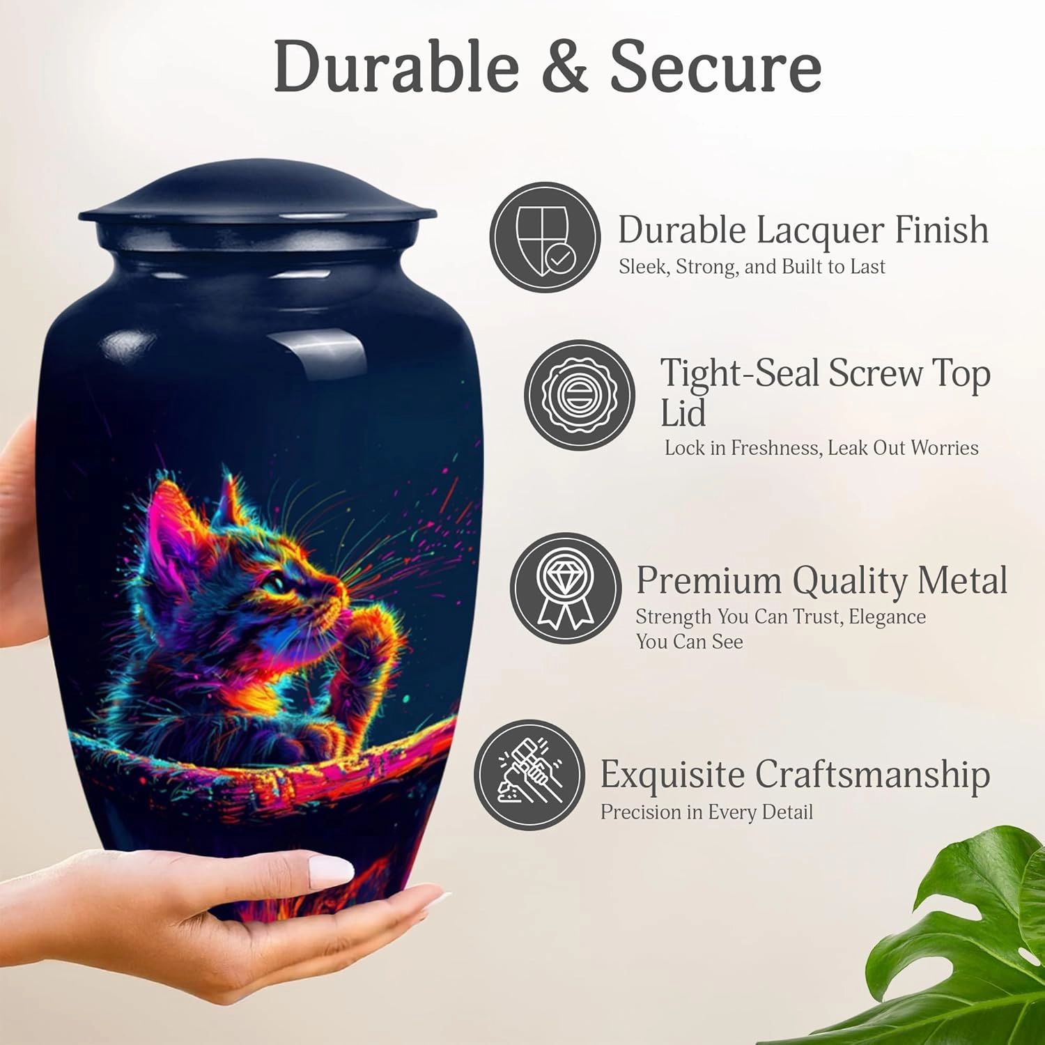 Neon Cat Reflection Cremation Urns - 10” Blue Funeral Urn with 2 Mini Keepsakes for Ashes - Memorial Set (Velvet Bag)