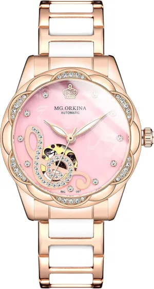New Women Mechanical Wristwatches Musical Note Hollow Crystal Petal Shape Automatic Analog Watch (Pink)