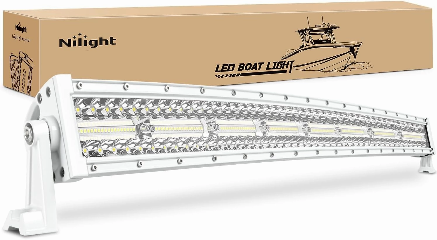 Nilight Marine LED Light Bar Navigation Lights 33 Inch Curved White Spot Flood Combo Ponton Boat Deck Dock Lighting for Night Fishing T-top Stern Yacht Sailboat Trucks Tractors