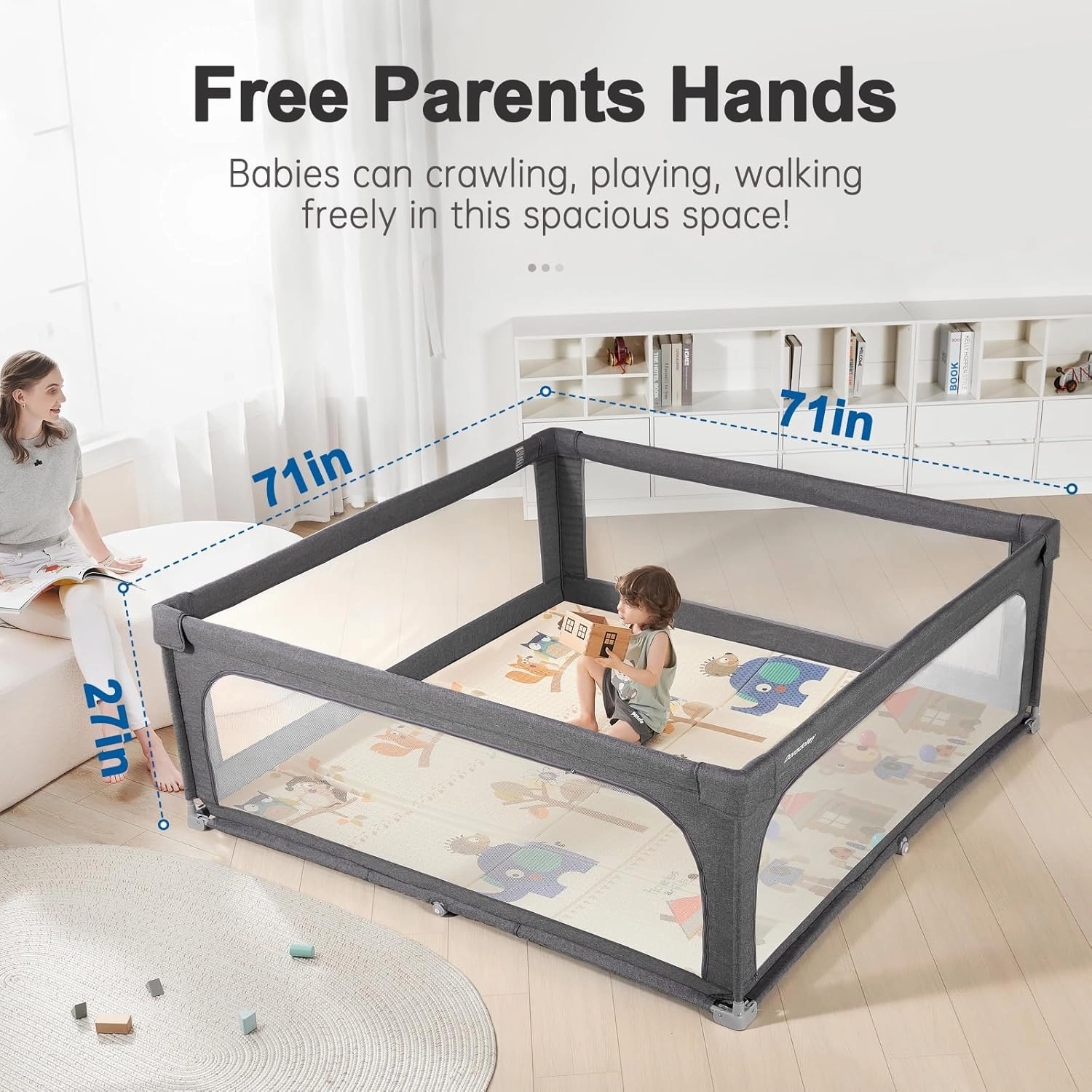 No Assembly Foldable Baby Playpen for Infants & Toddlers, Extra Large Portable Playard with Breathable Mesh, Compact Travel Play Yard Indoor Outdoor Safety Gate Instant Setup Play Pen