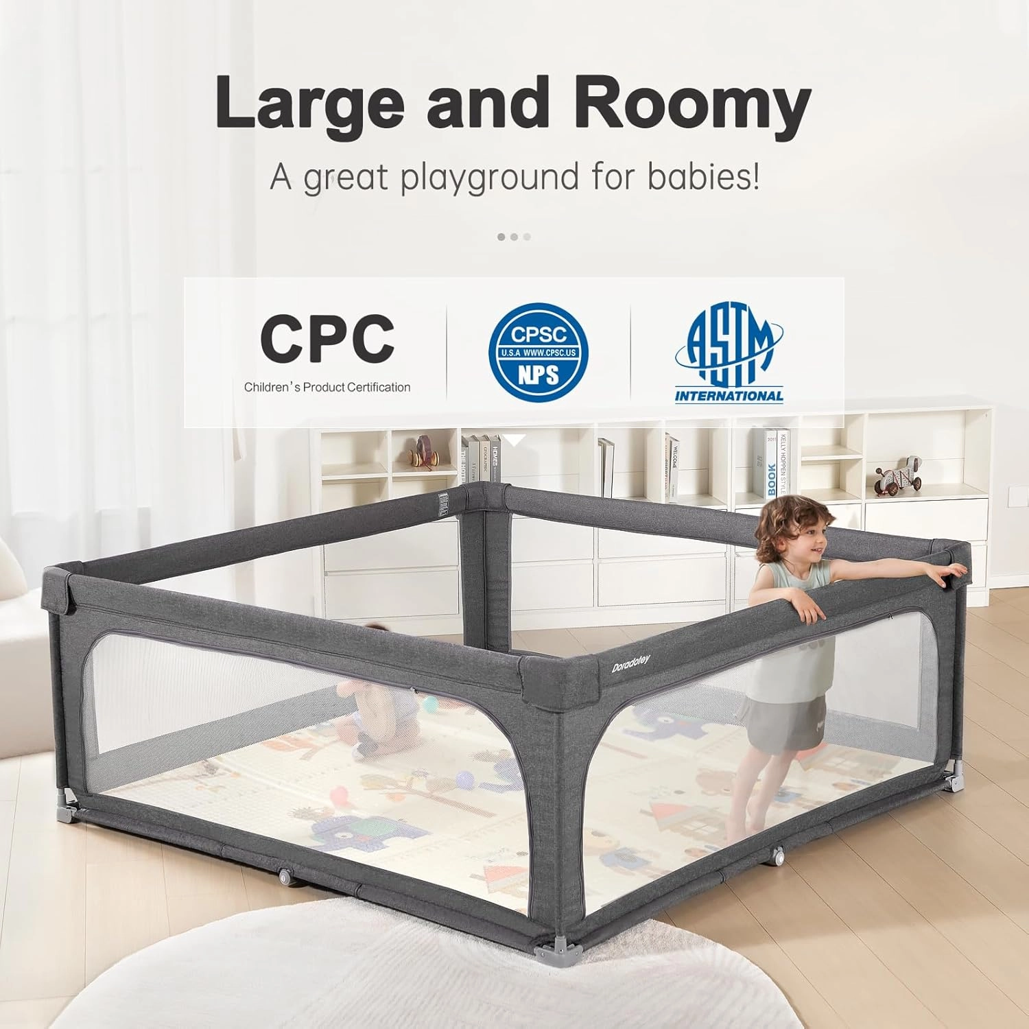 No Assembly Foldable Baby Playpen for Infants & Toddlers, Extra Large Portable Playard with Breathable Mesh, Compact Travel Play Yard Indoor Outdoor Safety Gate Instant Setup Play Pen
