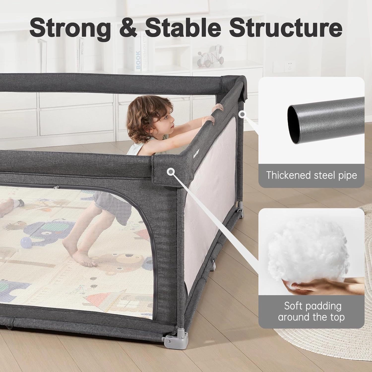 No Assembly Foldable Baby Playpen for Infants & Toddlers, Extra Large Portable Playard with Breathable Mesh, Compact Travel Play Yard Indoor Outdoor Safety Gate Instant Setup Play Pen
