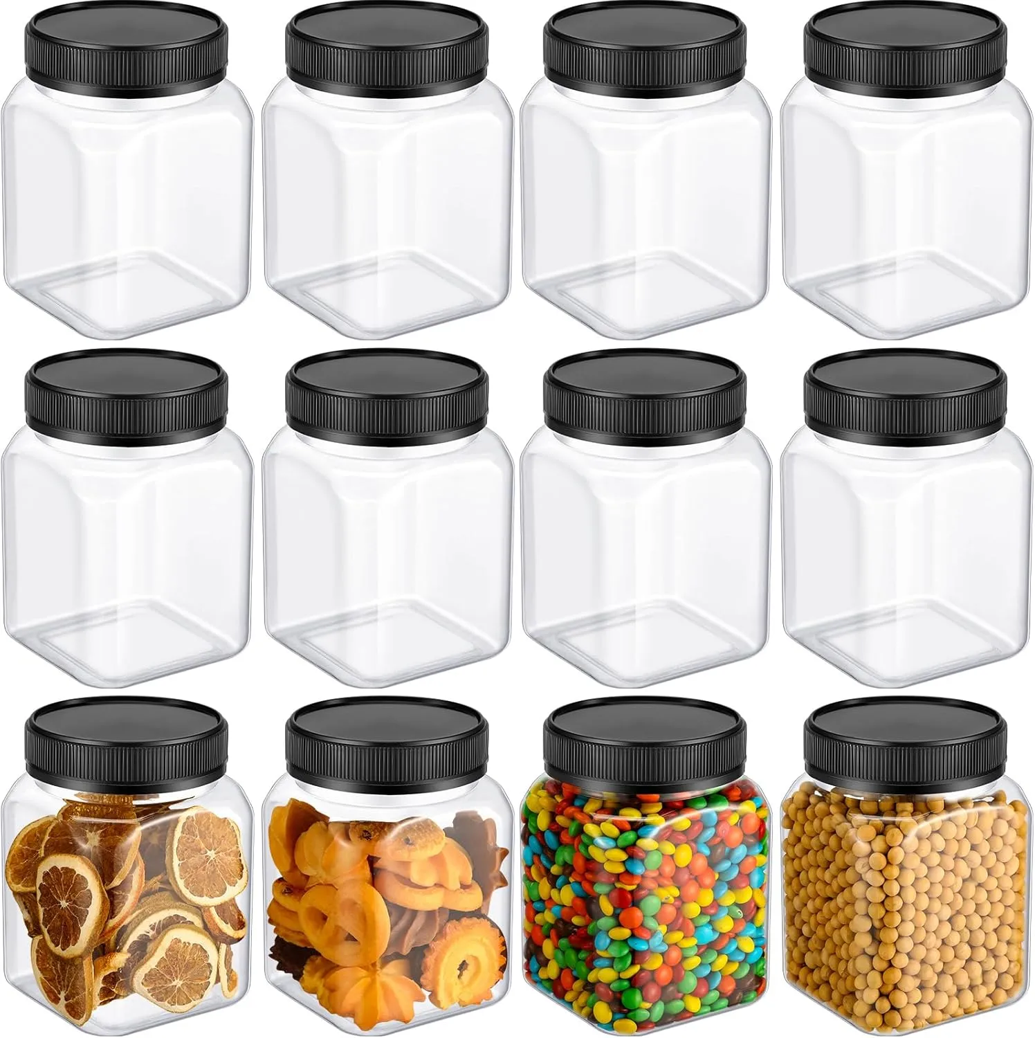Nosiny 12 Pcs 24 oz Plastic Jars with Lids Airtight Food Containers Large Plastic Jars with Screw on Lids Refillable Kitchen Storage Containers for Dry Food, Coffee, Candy for Kitchen(Black)