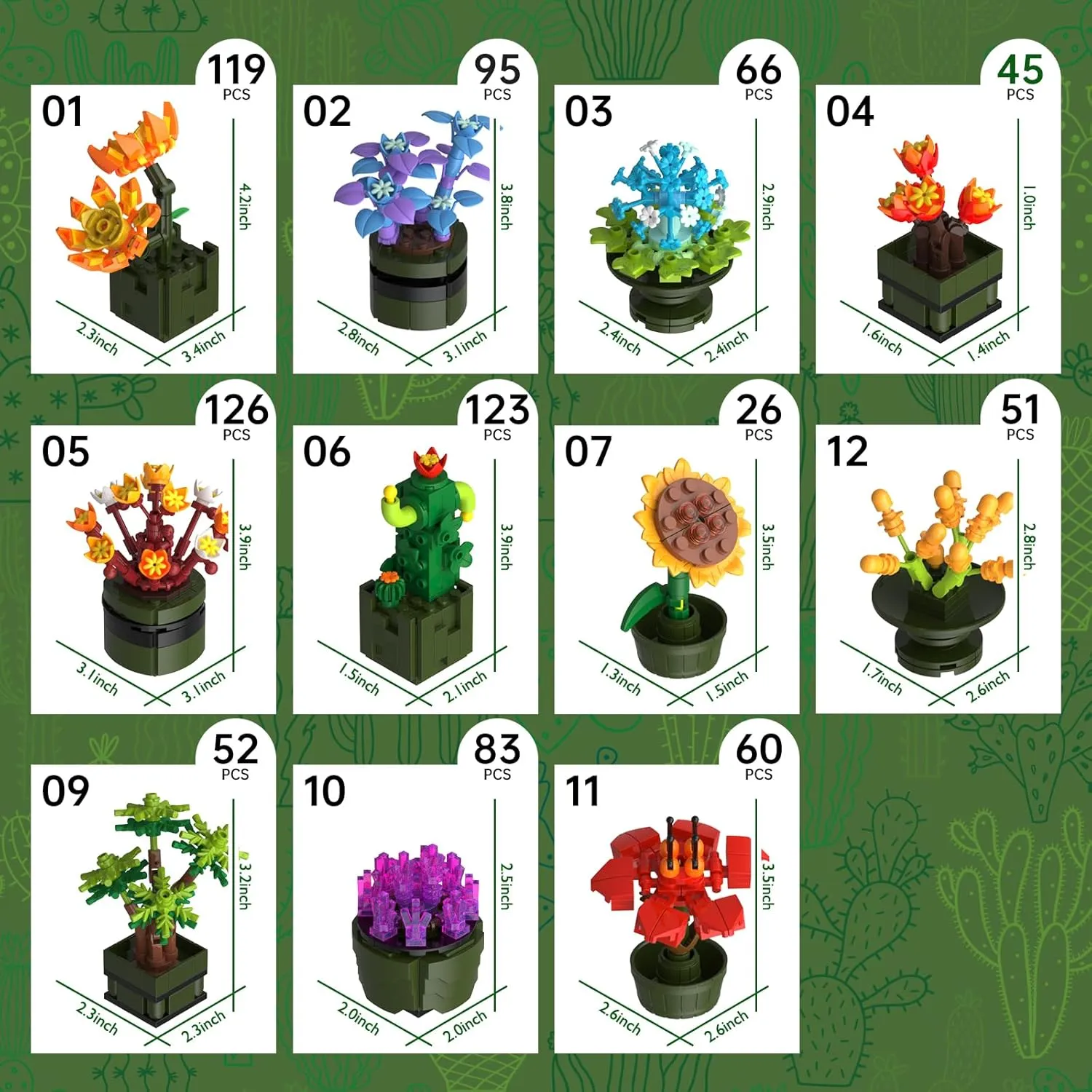 NUTCRACKER 12Pcs/Set Succulent Flower Building Set, Flower Bonsai Botanical Collection Toy Building Kit, DIY Mini Flower Model Home Decor, Easter Birthday Gift for Adult Women Girls (987 Pieces)
