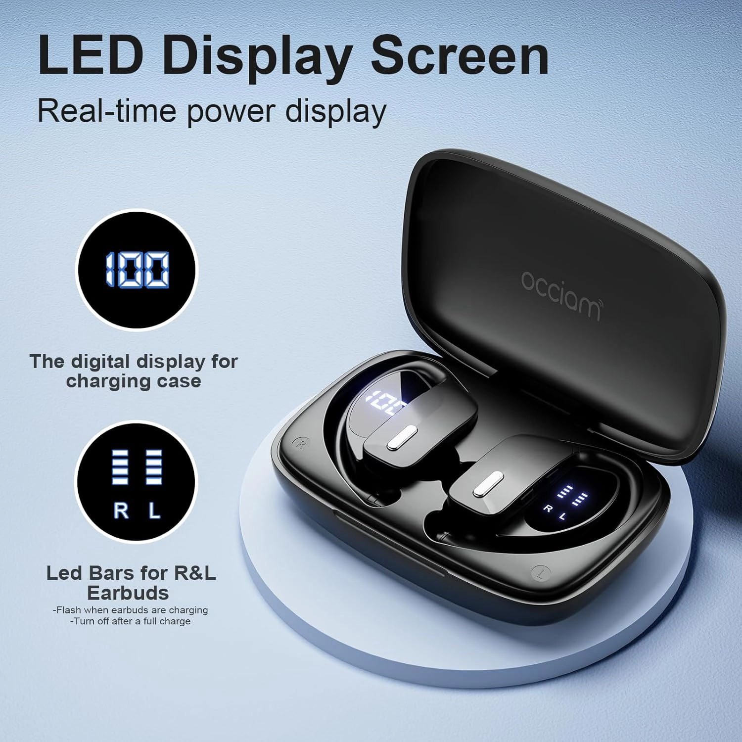 occiam Wireless Earbuds Bluetooth Headphones 48H Play Back Earphones in Ear Waterproof with Microphone LED Display for Sports Running Workout Black