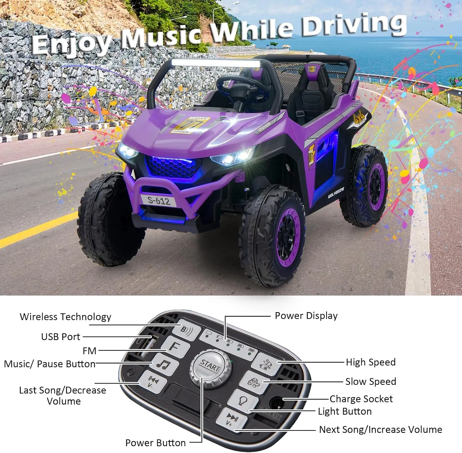 OLAKIDS 2 Seater Ride on Car for Kids, 12V UTV Kids' Electric Vehicles with Remote Control, Spring Suspension, Soft Start, Music Bluetooth FM, Battery Powered for Ages 3-8 (Purple)