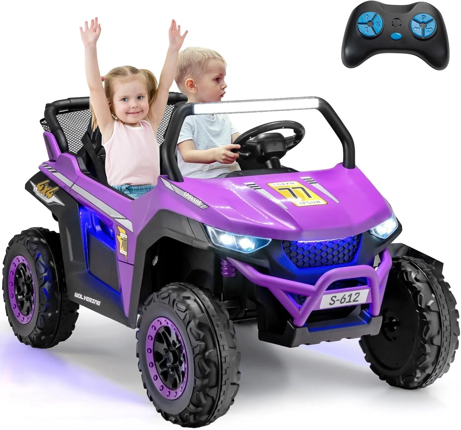 OLAKIDS 2 Seater Ride on Car for Kids, 12V UTV Kids' Electric Vehicles with Remote Control, Spring Suspension, Soft Start, Music Bluetooth FM, Battery Powered for Ages 3-8 (Purple)