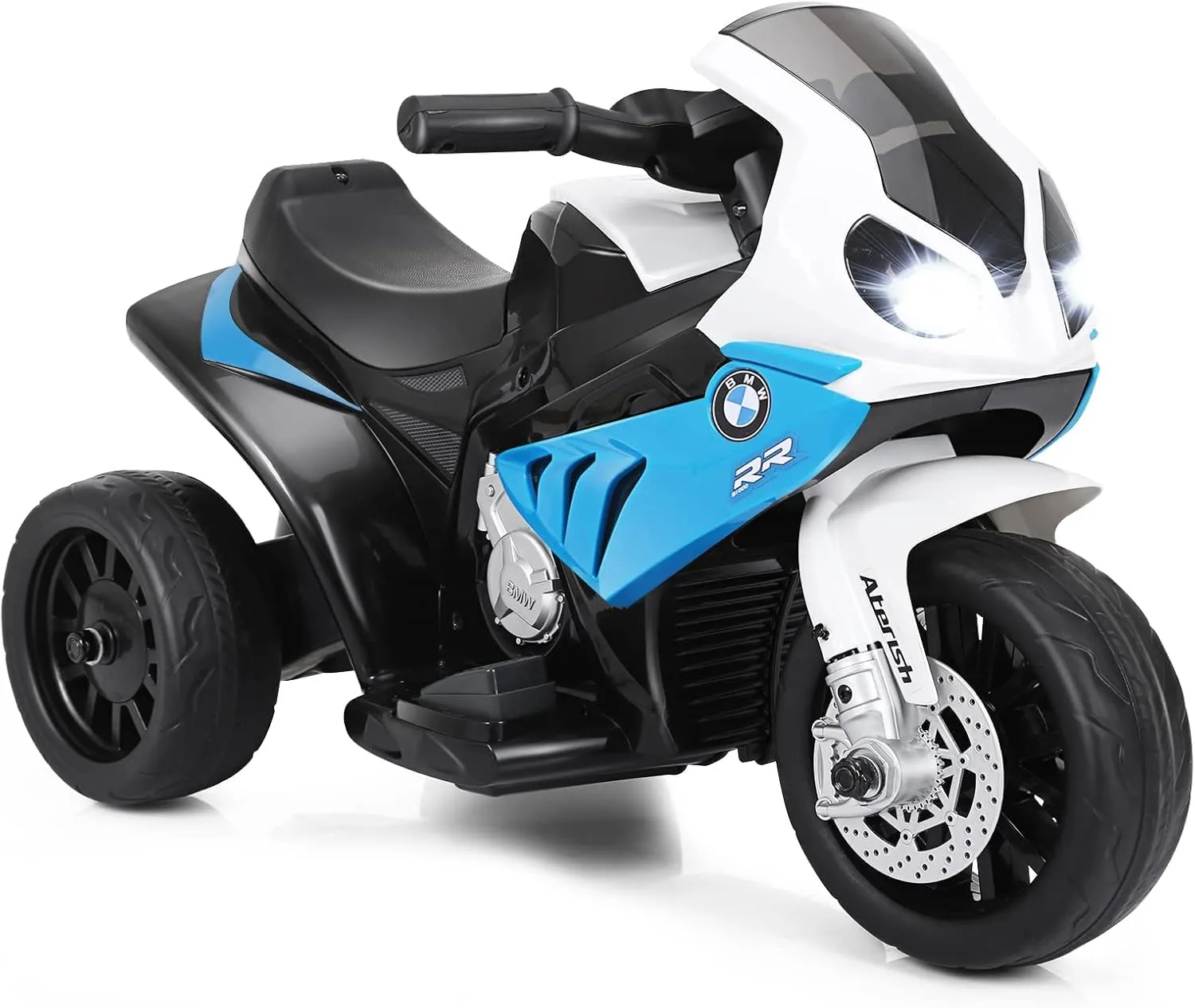 OLAKIDS Kids Ride on Motorcycle, 6V Licensed BMW Electric Motor with Music, Foot Pedal, Headlight, Leather Seat Cushion, 3 Wheels Battery Powered Tricycle Toy for Boys Girls (Sapphire)
