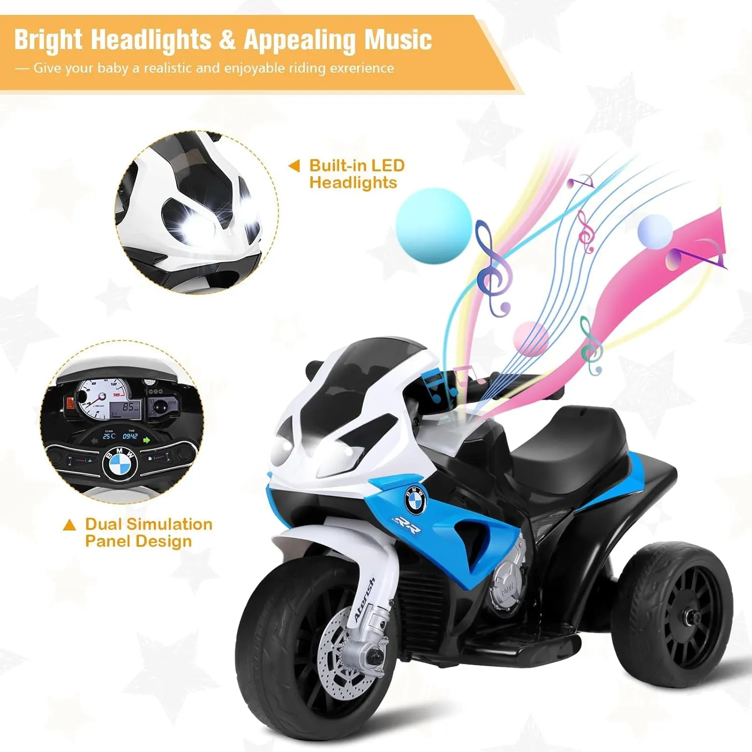 OLAKIDS Kids Ride on Motorcycle, 6V Licensed BMW Electric Motor with Music, Foot Pedal, Headlight, Leather Seat Cushion, 3 Wheels Battery Powered Tricycle Toy for Boys Girls (Sapphire)