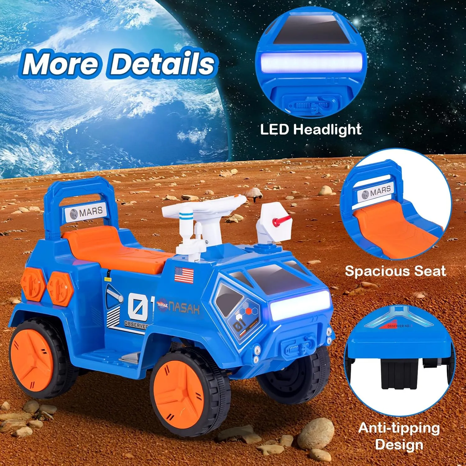 OLAKIDS Ride on ATV, 6V Electric Toy for Kids with Radar, Rocket, MP3, USB, Horn, Power Display, Headlight, 4-Wheeler Quad Battery Powered Car Gift for Toddlers Boys Girls Age 3  (Blue)