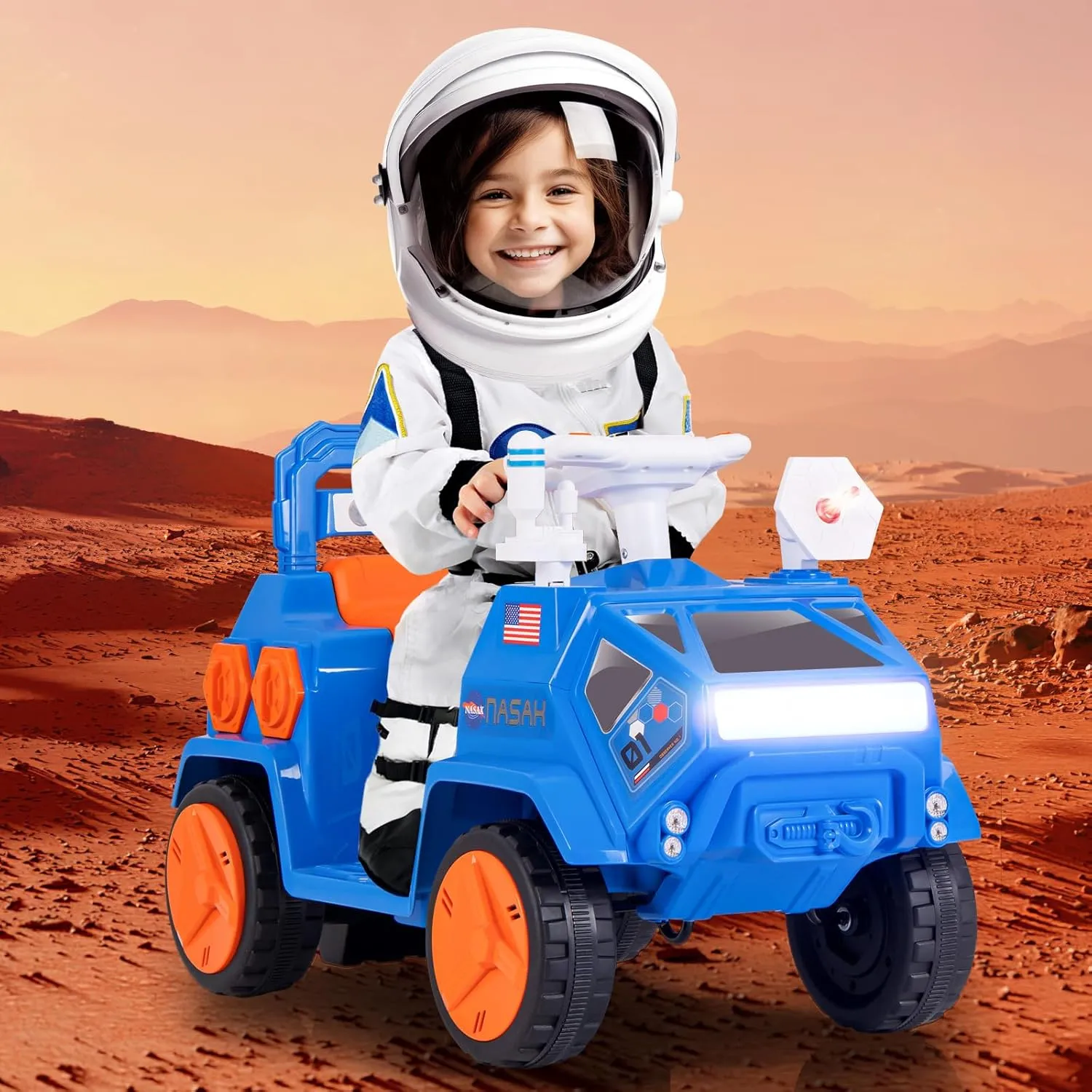 OLAKIDS Ride on ATV, 6V Electric Toy for Kids with Radar, Rocket, MP3, USB, Horn, Power Display, Headlight, 4-Wheeler Quad Battery Powered Car Gift for Toddlers Boys Girls Age 3  (Blue)