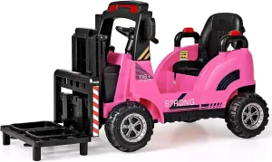 OLAKIDS Ride on Forklift, 12V Kids Electric Vehicle Construction Truck with Remote Control, Liftable Fork and Pallet, Toddlers Battery Powered Car with 2 Speeds, Music, USB, MP3, Lights (Pink)
