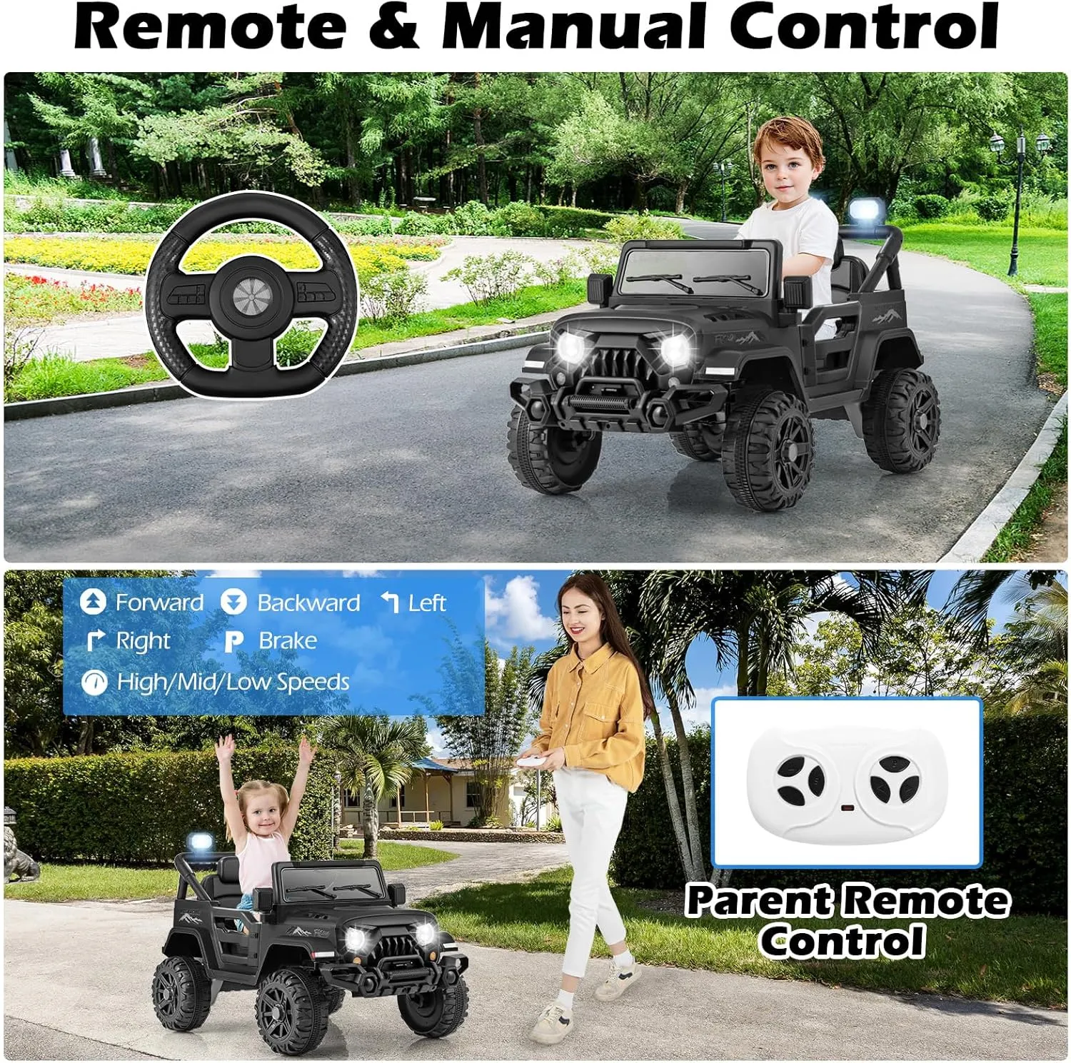 OLAKIDS Ride on Truck, 12V Battery Powered Electric Vehicle for Kids with Remote Control, Bluetooth, Power Display, LED Lights, Music Player, Ride on Toy for 3  Boys Girls (Black)