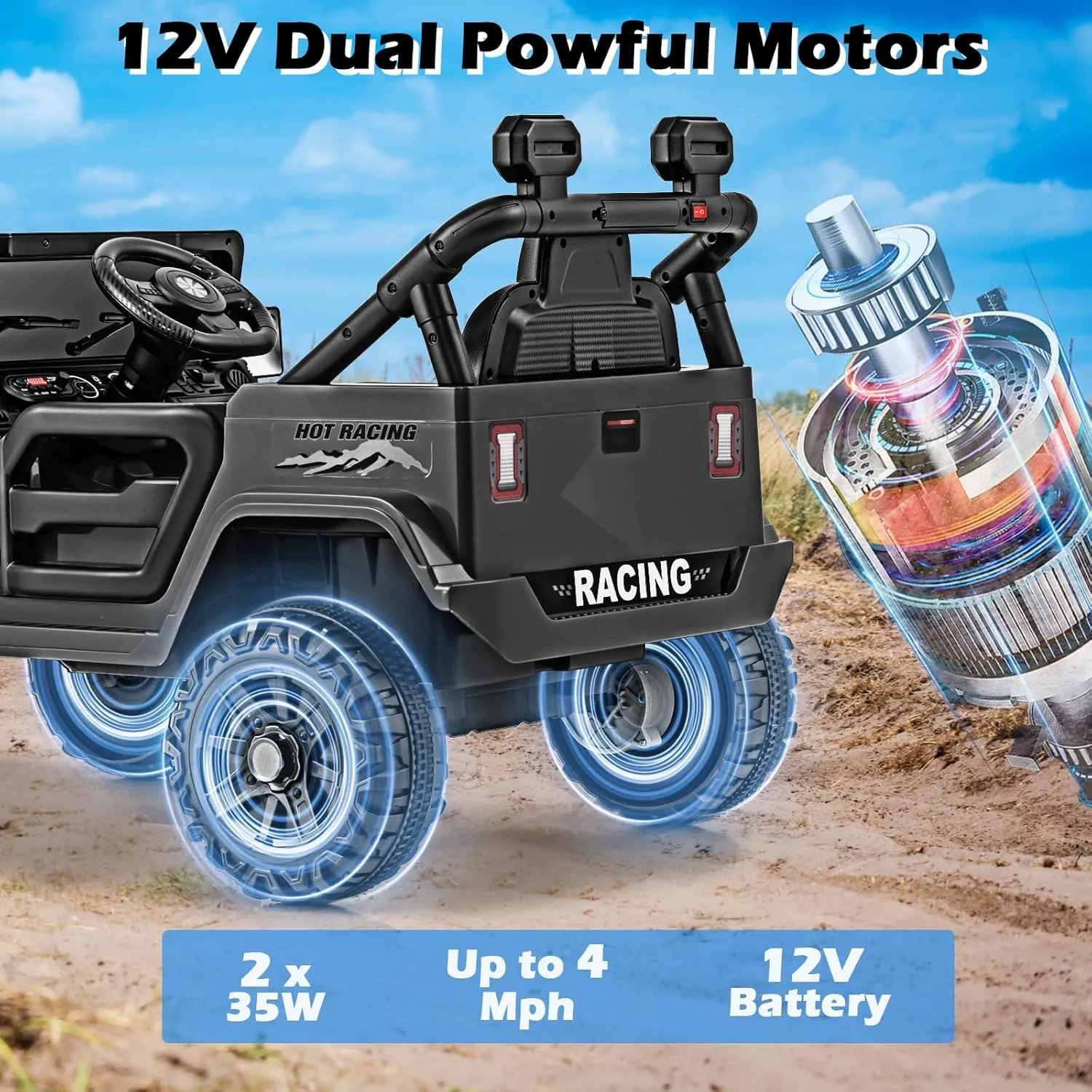 OLAKIDS Ride on Truck, 12V Battery Powered Electric Vehicle for Kids with Remote Control, Bluetooth, Power Display, LED Lights, Music Player, Ride on Toy for 3  Boys Girls (Black)