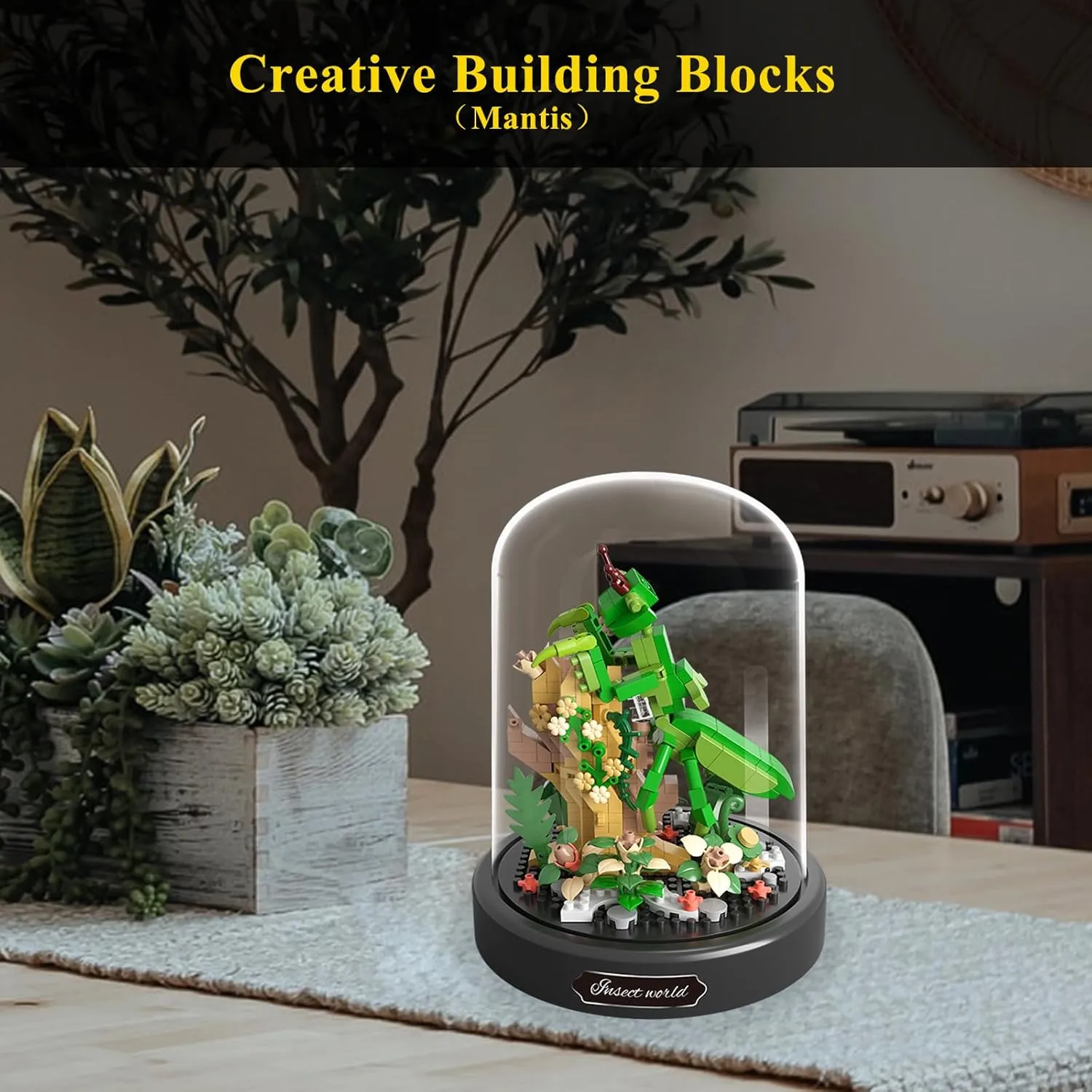 OLTLYUNH Insects Flower Bonsai Building Set,Adult Mini Animals Friend Set,Insect Collection Gift for Kids,Party Favors Bugs Building Block Kit,Valentines New Year Birthday Gift for Boys Girls(Mantis)