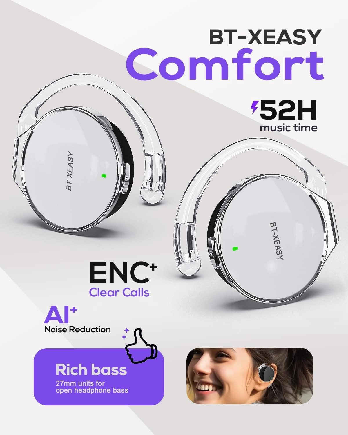 On Ear Headphones Bluetooth 5.4, Noise Cancelling Open Ear Headphones Wireless, Water-Drop Shaped Clip On Sport Headset Bluetooth with 4 Microphone, Comfort Fit Earphones with Long Battery Life