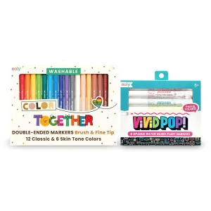Ooly Color Together Dual Tip Markers - 18 Colors, 12 Bright & 6 Skin Tone, Brush and Fine Tip on Each Marker & Vivid Pop Pastel Set of 8 Super Bright Water Based Paint Markers