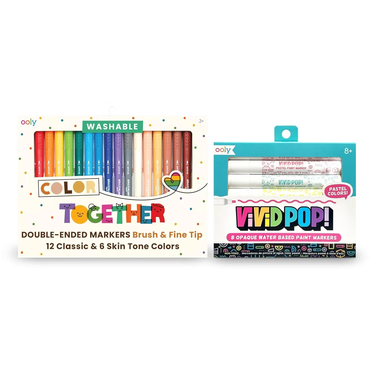 Ooly Color Together Dual Tip Markers - 18 Colors, 12 Bright & 6 Skin Tone, Brush and Fine Tip on Each Marker & Vivid Pop Pastel Set of 8 Super Bright Water Based Paint Markers