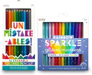 Ooly UnMistakeAbles Erasable Colored Pencils Set of 12, Stress and Mess Free & Rainbow Sparkle Glitter Markers Set of 15, Includes 5 Pastel & 10 Classic Color Markers