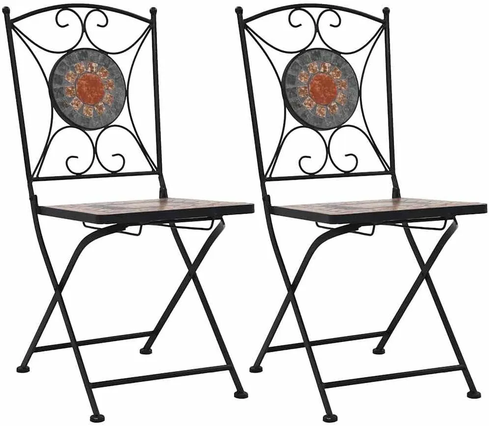 Orange Gray Mosaic Bistro Chairs Set of 2 with Powder Coated Iron Frame Ceramic Seat for Outdoor Patio Garden Balcony Furniture and Decor