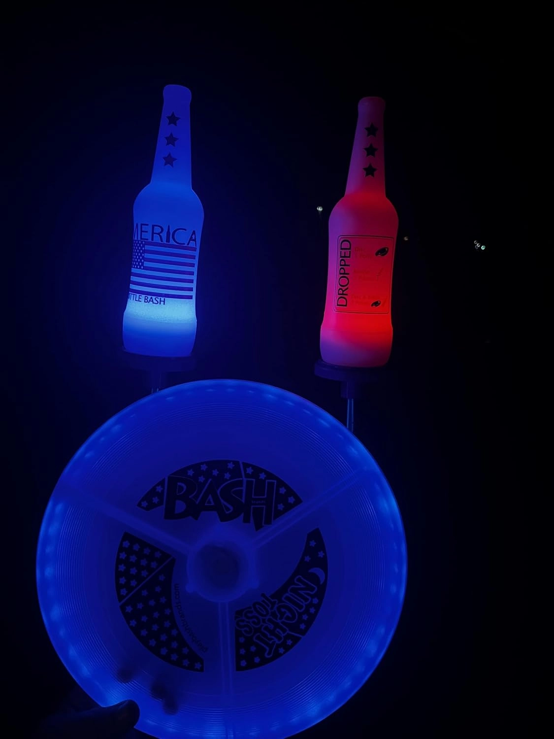 Original Bottle Bash (Beersbee, Polish Horseshoes, Frisbeer) Bottle Set, Unbreakable - Choose Yellow, USA or USA with LED Version