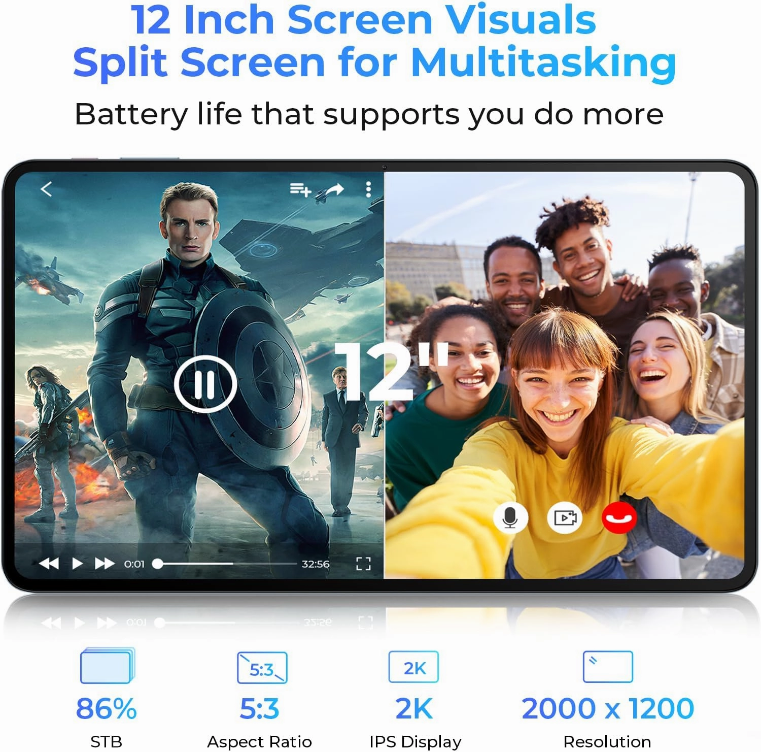 OUKITEL OT5 Tablet 12 inch 2K Display 2.2GHz Gaming Tablet with Pen, 36GB RAM 256GB/2TB ROM 11000mAh Battery Android 13 Helio G99 4G LTE/5G WiFi, Four Speakers, 16MP 2MP 8MP, GPS,Face ID,OTG,Dual SIM