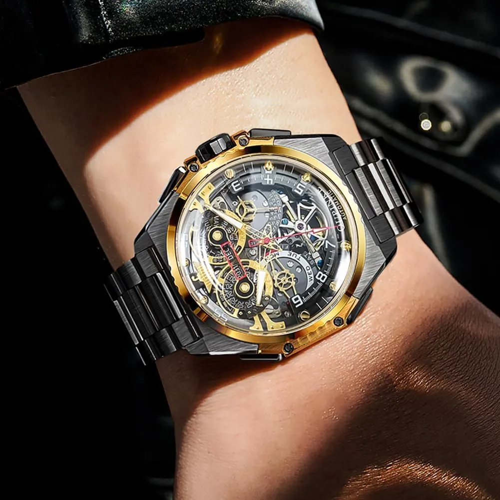 OUPINKE Watch for Men Automatic Wristwatch Sapphire Crystal Calendar Skeleton Luminous 3D Dial with 5ATM Waterproof Luxury Tungsten Steel Strap