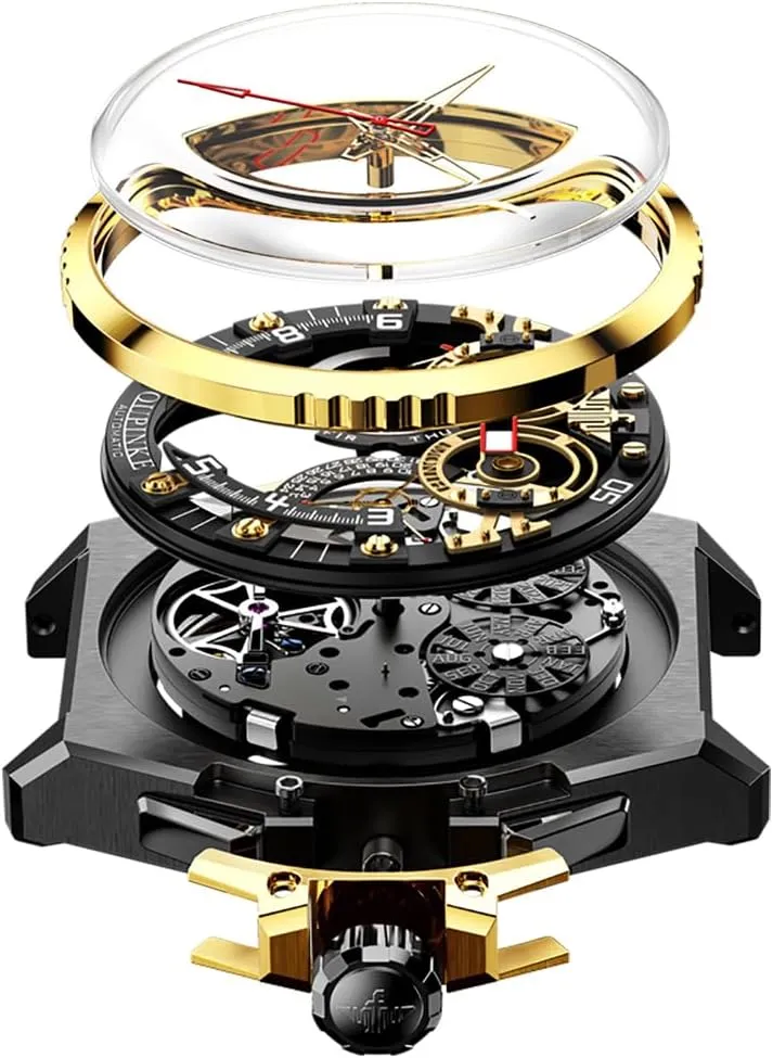 OUPINKE Watch for Men Automatic Wristwatch Sapphire Crystal Calendar Skeleton Luminous 3D Dial with 5ATM Waterproof Luxury Tungsten Steel Strap
