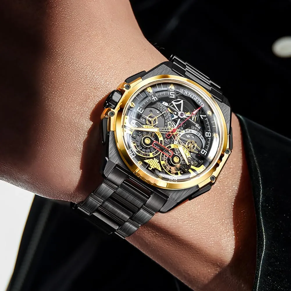 OUPINKE Watch for Men Automatic Wristwatch Sapphire Crystal Calendar Skeleton Luminous 3D Dial with 5ATM Waterproof Luxury Tungsten Steel Strap