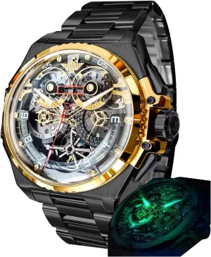 OUPINKE Watch for Men Automatic Wristwatch Sapphire Crystal Calendar Skeleton Luminous 3D Dial with 5ATM Waterproof Luxury Tungsten Steel Strap