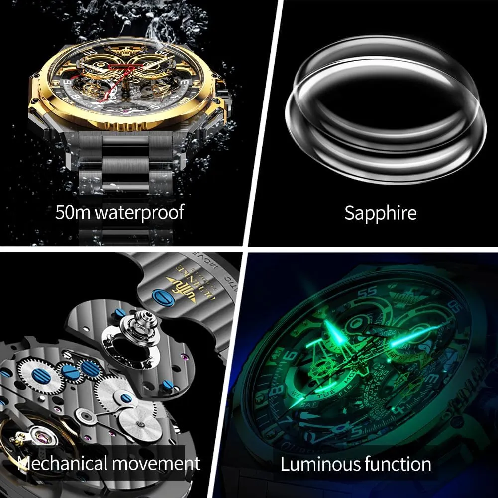 OUPINKE Watch for Men Automatic Wristwatch Sapphire Crystal Calendar Skeleton Luminous 3D Dial with 5ATM Waterproof Luxury Tungsten Steel Strap