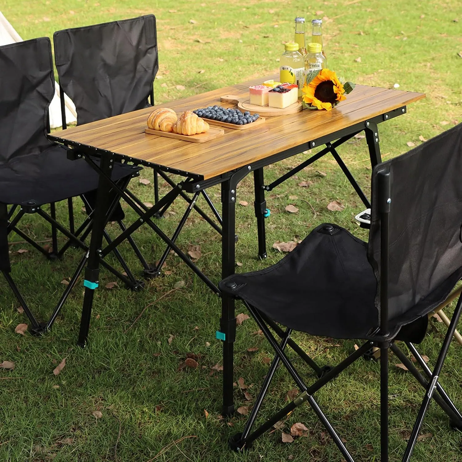 Outdoor Folding Table and Chairs Portable Picnic Camping Table Chair Set with Adjustable Height Aluminum Roll Up Table for Outdoor, Picnic,Backyard