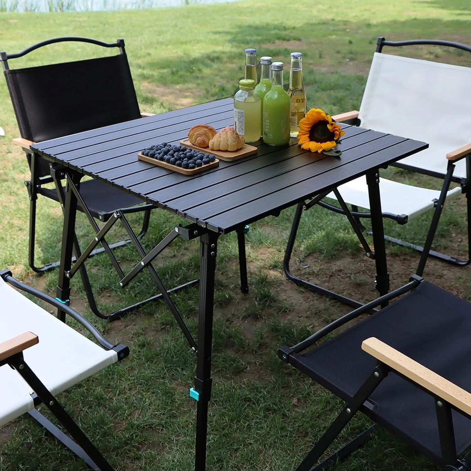 Outdoor Folding Table and Chairs Portable Picnic Camping Table Chair Set with Adjustable Height Aluminum Roll Up Table for Outdoor, Picnic,Backyard