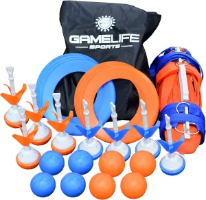 Outdoor Yard Game Premium Bocce Ball Set, up to 60 ft Nylon Court, 8 Bocce Balls, 8 Lawn Darts, 8 Flying Rings, Ground Stakes, Bag. Family Game, Teen, Boys & Girls 15 Years and Older