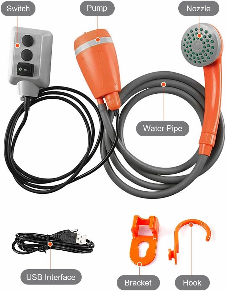 Outdoor Camping Shower Pump USB able Shower Head with Folding Bucket for Camping Hiking Traveling