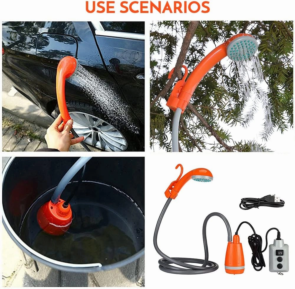 Outdoor Camping Shower Pump USB able Shower Head with Folding Bucket for Camping Hiking Traveling