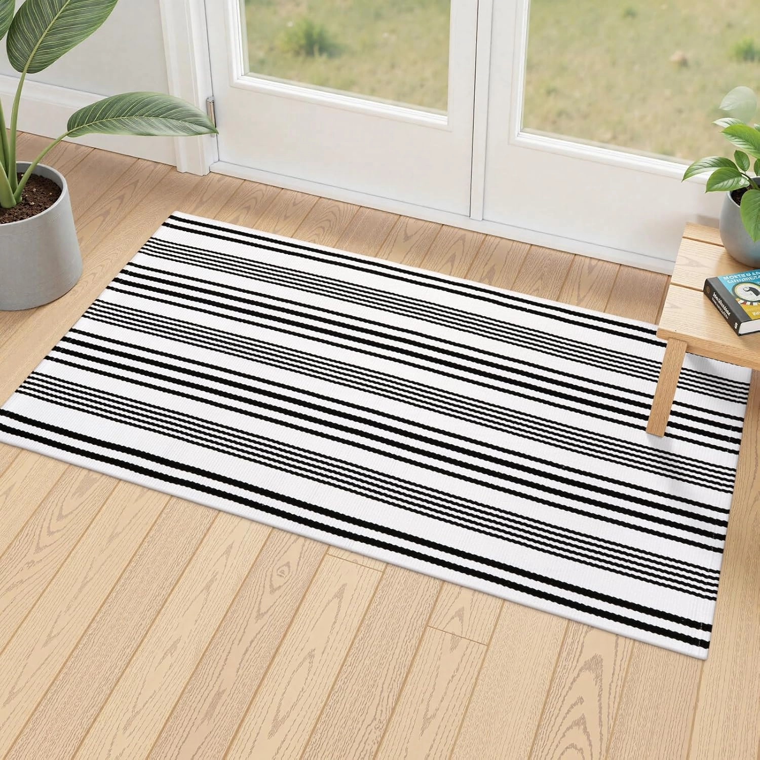 Outdoor Rug Front Door Mat 2'x4.3', Cotton Indoor Doormat Washable Black and White Striped Rug, Foldable Reversible Layered Door Mats for Entryway/Farmhouse/Home Entrance