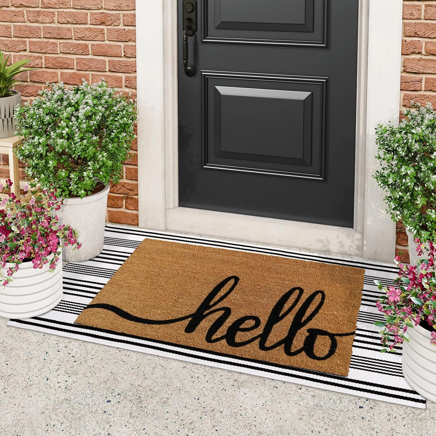 Outdoor Rug Front Door Mat 2'x4.3', Cotton Indoor Doormat Washable Black and White Striped Rug, Foldable Reversible Layered Door Mats for Entryway/Farmhouse/Home Entrance