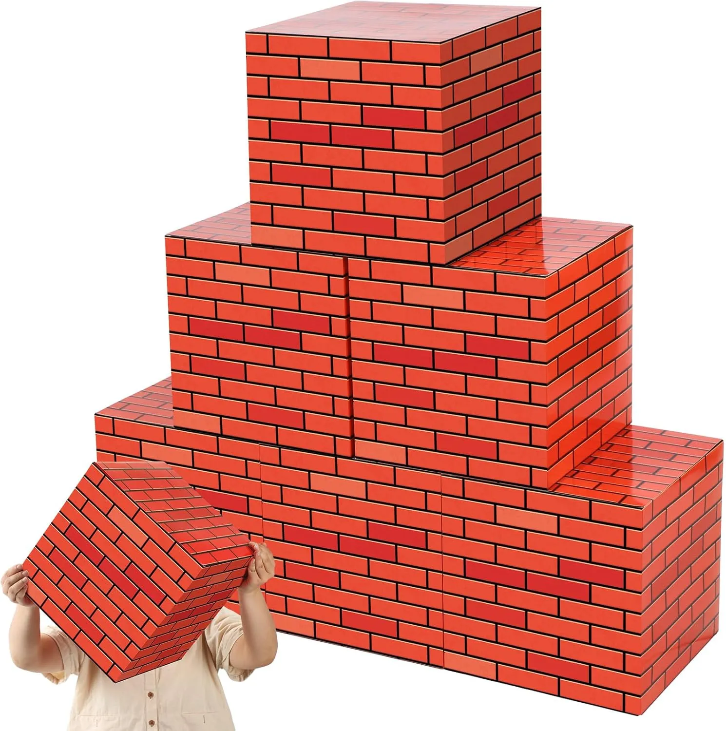 Outus 6 Pcs Video Game Brick Boxes 11.8" Brick Wrapping Paper Cardboard Red Brick Building Blocks Mystery Boxes Props Comic Party Supplies for Birthday Holiday Party Fireplace Decor