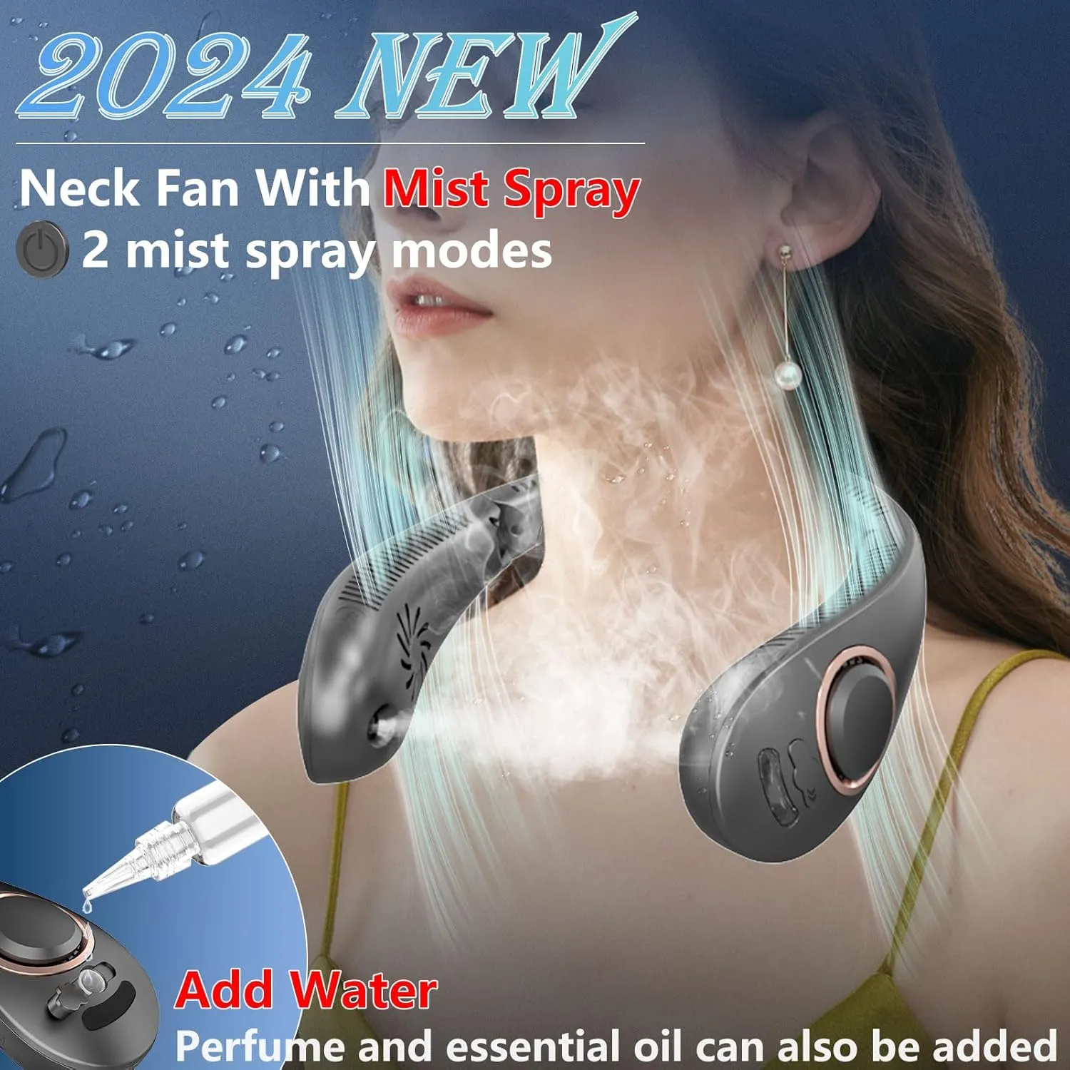 OVIFM Neck Fan with Mist Spray-Neck Fans that Blow Cold Air,Folding 4000mAh Portable Personal USB Rechargeable Battery Operated Fan with Mister,Cooling Bladeless Travel Misting Fan Neck Around Black