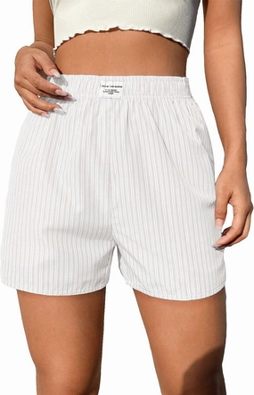 OYOANGLE Women's Summer Casual Striped Print Elastic Waist Mid Rise Straight Leg Shorts