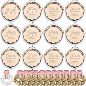 Pack of 12 Compact Pocket Makeup Mirrors Set Include 1 Bride Mirror 1 Maid of Honor Mirror and 10 Bridesmaid Mirrors and 12 Pack Hair Ties for Bachelorette Party Bridesmaid Proposal Gifts. (Champagne)