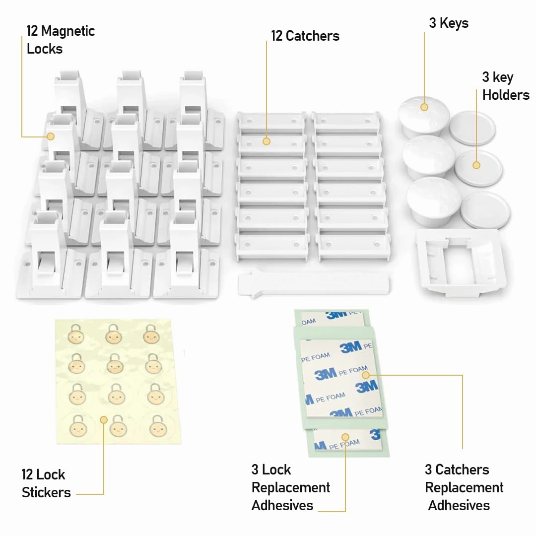 Pack of 12 Magnetic Baby Cabinet Locks for Child Safety with 3 Keys, 3M Adhesive Easy Installation, Baby Proofing Magnetic Locks for Cabinets and Drawers
