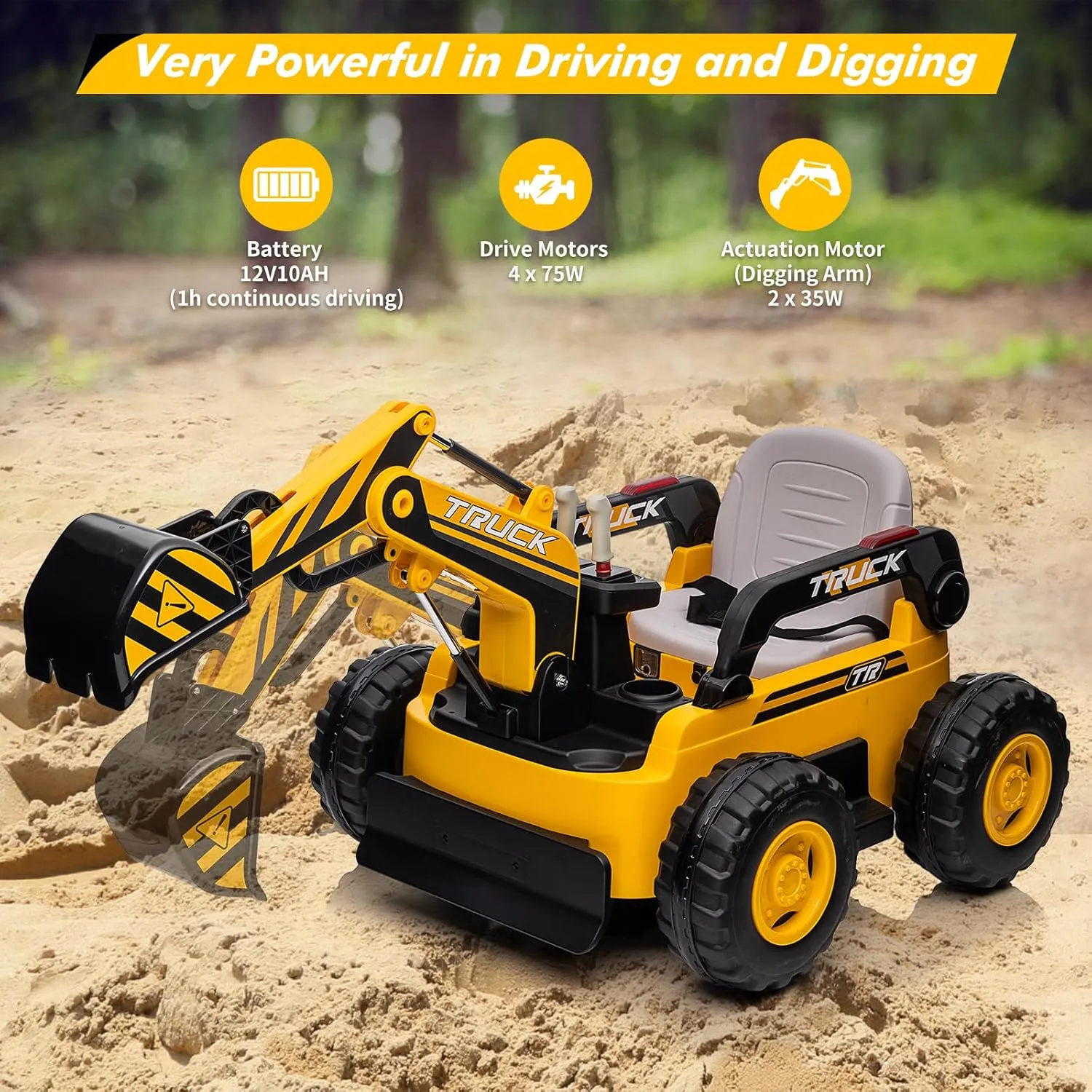 PALBY'S Kids Ride On Electric Excavator Digger Car with Remote Control & Digging Arm, 12V 10Ah Battery, 4x75W Motors,Led Tail Light, Music, USB, 360° Rotation Riding Toy Gift for Ages 3 ,Yellow