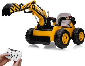 PALBY'S Kids Ride On Electric Excavator Digger Car with Remote Control & Digging Arm, 12V 10Ah Battery, 4x75W Motors,Led Tail Light, Music, USB, 360° Rotation Riding Toy Gift for Ages 3 ,Yellow