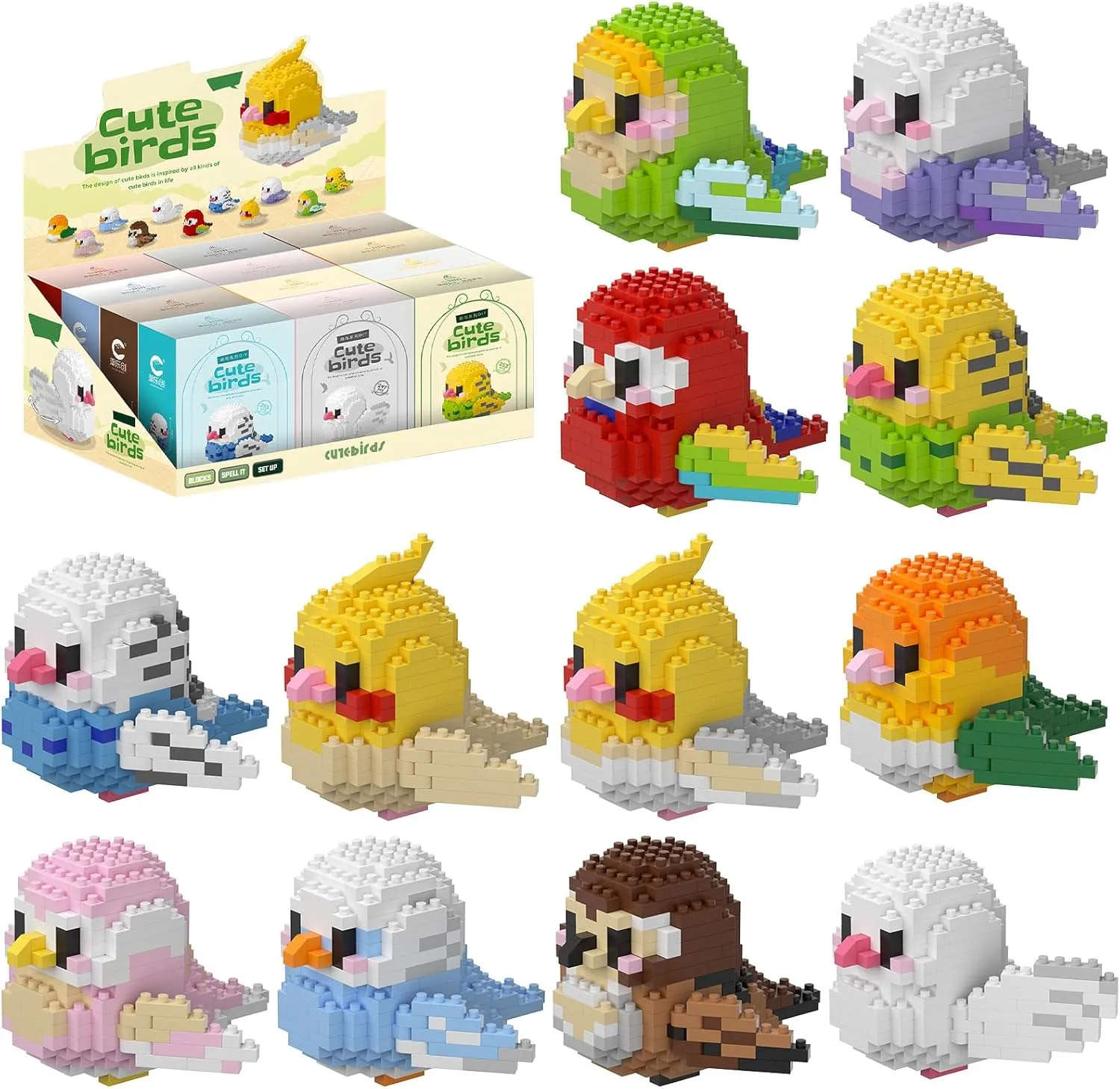 Parrots Micro Mini Building Block Sets Birthday Gift for Kids, Animals Buildling Model Kits, Mini Bricks Birds Series Toys for Kids（12 Boxes）
