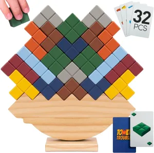 PATHFINDER PANDAS Wooden Tower Stack Game - 32PCS Stack Attack Game with Building Blocks & Cards - Durable Tetra Tower Stacking for Kids & Adults - Fun 1  Player Balance Stacking Games
